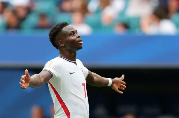 Soccer Football - FIFA World Cup 2026 - Bronze Final - France v England - Miami Stadium, Miami Gardens, Florida, U.S. - July 18, 2026 England's Bukayo Saka celebrates scoring their third goal IMAGN IMAGES via Reuters/Sam Navarro Photo: Sam Navarro/REUTERS
