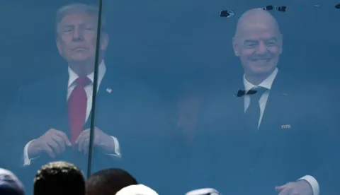 US President Donald Trump (L) and FIFA President Gianni Infantino attend the 2026 World Cup football tournament final match between Spain and Argentina at the New York/New Jersey Stadium in East Rutherford on July 19, 2026. (Photo by FRANCK FIFE/AFP)