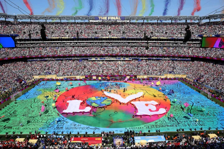 EAST RUTHERFORD, NEW JERSEY - JULY 19: A general view during the Topps Final Halftime Show in the FIFA World Cup 2026 Final match between Spain and Argentina at New York New Jersey Stadium on July 19, 2026 in East Rutherford, New Jersey. Elsa/Getty Images/AFP (Photo by ELSA/GETTY IMAGES NORTH AMERICA/Getty Images via AFP)