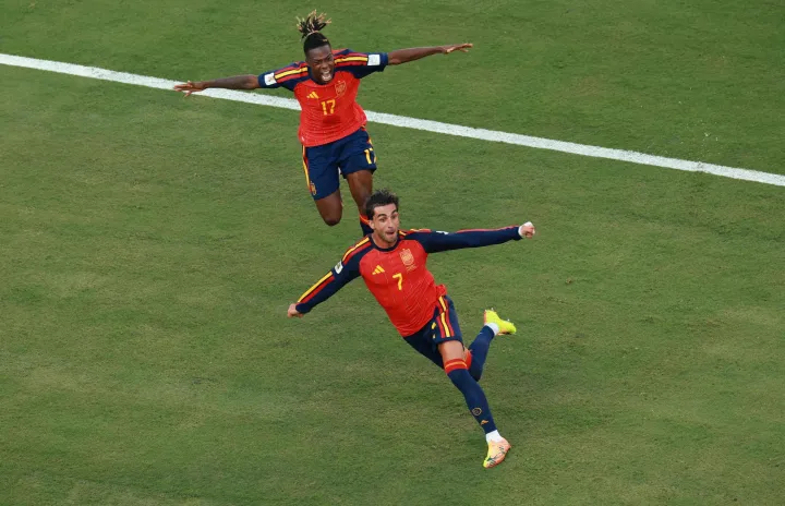 EAST RUTHERFORD, NEW JERSEY - JULY 19: Ferran Torres #7 of Spain celebrates scoring his team's first goal during the FIFA World Cup 2026 Final match between Spain and Argentina at New York New Jersey Stadium on July 19, 2026 in East Rutherford, New Jersey. Elsa/Getty Images/AFP (Photo by ELSA/GETTY IMAGES NORTH AMERICA/Getty Images via AFP)