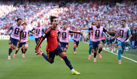 EAST RUTHERFORD, NEW JERSEY - JULY 19: Ferran Torres #7 of Spain celebrates scoring his team's first goal during the FIFA World Cup 2026 Final match between Spain and Argentina at New York New Jersey Stadium on July 19, 2026 in East Rutherford, New Jersey. David Ramos/Getty Images/AFP (Photo by David Ramos/GETTY IMAGES NORTH AMERICA/Getty Images via AFP)