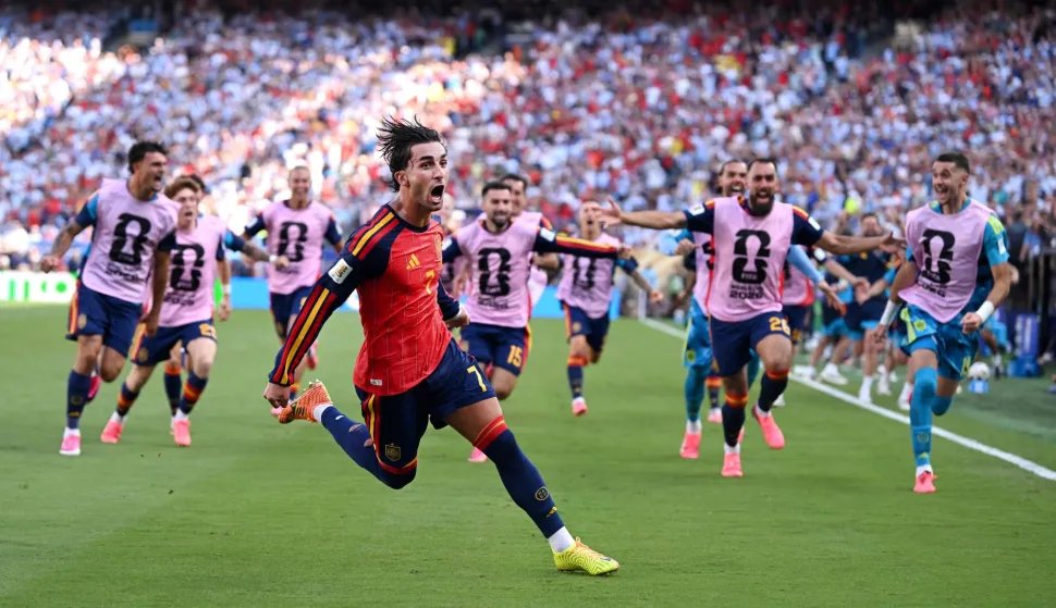 EAST RUTHERFORD, NEW JERSEY - JULY 19: Ferran Torres #7 of Spain celebrates scoring his team's first goal during the FIFA World Cup 2026 Final match between Spain and Argentina at New York New Jersey Stadium on July 19, 2026 in East Rutherford, New Jersey. David Ramos/Getty Images/AFP (Photo by David Ramos/GETTY IMAGES NORTH AMERICA/Getty Images via AFP)