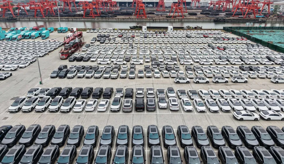 (FILES) Electric vehicles for export are seen at a port in Hangzhou, in eastern China's Zhejiang province on April 2, 2025. Canada will allow 49,000 Chinese electric vehicles to be imported under new, preferential tariff rates, Prime Minister Mark Carney said on January 16, 2026 after reaching a trade deal with China's leader Xi Jinping in Beijing. (Photo by AFP)/China OUT