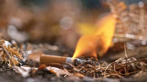 Close-up of cigarette butt on ground.