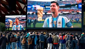 Supporters watch Argentina's Lionel Messi reacting on giant screens in Sydney on July 20, 2026 after Spain defeated Argentina in the 2026 World Cup football final. (Photo by DAVID GRAY/AFP)/-- IMAGE RESTRICTED TO EDITORIAL USE - STRICTLY NO COMMERCIAL USE --