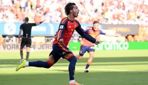 EAST RUTHERFORD, NEW JERSEY - JULY 19: Ferran Torres #7 of Spain celebrates scoring his team's first goal during the FIFA World Cup 2026 Final match between Spain and Argentina at New York New Jersey Stadium on July 19, 2026 in East Rutherford, New Jersey. David Ramos/Getty Images/AFP (Photo by David Ramos/GETTY IMAGES NORTH AMERICA/Getty Images via AFP)
