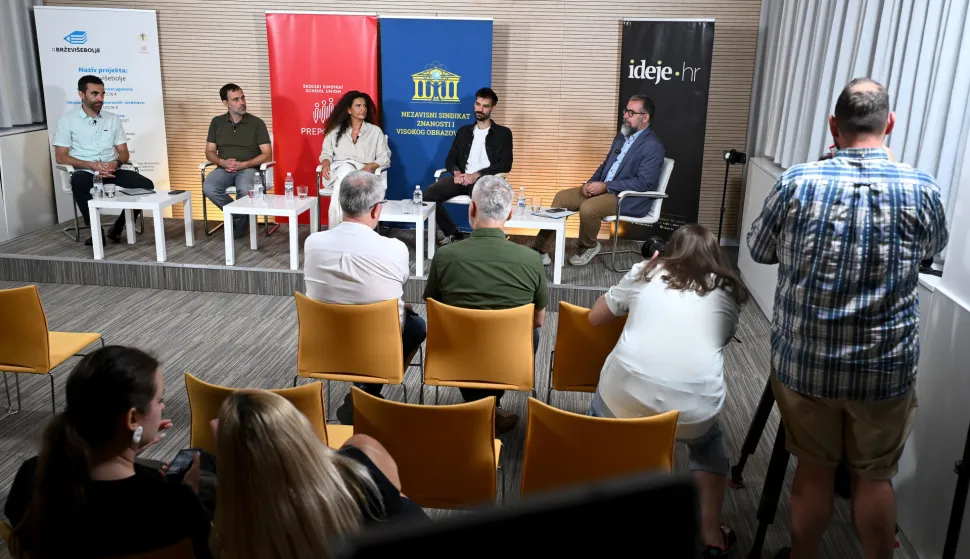 21.07.2026., Zagreb - Nezavisni sindikat znanosti i visokog obrazovanja organizirao okrugli stol Sit gladnom ne vjeruje, zasto place moraju rasti. Matija Kroflin, Darko Seperic, Izabela Delfa Misic, Viktor Viljevac. Photo: Marko Lukunic/PIXSELL