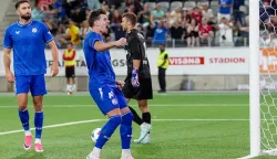21.07.2026., Arena Thun, Bern, Svicarska - Susret Dinama i Thuna u 2. kolu kvalifikacija za UEFA Ligu prvaka. Dion Drena Beljo i Miha Zajc Photo: Kjetil Waber/PIXSELL