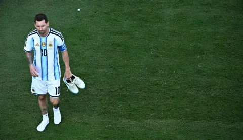 Argentina's forward #10 Lionel Messi reacts after Spain won the 2026 World Cup football tournament final match between Spain and Argentina at the New York/New Jersey Stadium in East Rutherford on July 19, 2026. (Photo by Jewel SAMAD/AFP)