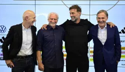 (From L) German Football Association (DFB) President Bernd Neuendorf, Director of Germany's national football team Rudi Voeller, Germany's newly appointed national football team head coach Juergen Klopp and the Vice-President of the German Football Ligue DFL Hans-Joachim Watzke pose at the end of a press conference at the headquarters of the German Football Federation (DFB) in Frankfurt am Main, western Germany on July 24, 2026. Jurgen Klopp is widely expected to formally take over as the new head coach of the German men's national football team, with the German Football Association (DFB) calling a press conference for July 24, 2026.Klopp, famed for his success during stints as coach at Borussia Dortmund and especially Liverpool, has been in talks with the DFB about trying to lead Germany -- long a football powerhouse -- back to prominence. (Photo by John MACDOUGALL/AFP)
