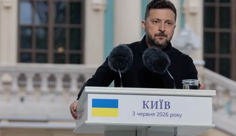 Ukraine's President Volodymyr Zelensky addresses media representatives alongside the NATO Secretary General as they attend a press conference in Kyiv on June 3, 2026, amid the Russian invasion of Ukraine. (Photo by Tetiana DZHAFAROVA/AFP)