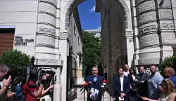 Former Hungarian Prime Minister Viktor Orban of the FIDESZ party holds a press conference in front of the party headquarters, on July 22, 2026 in Budapest, one day after prosecutors had launched a raid on the FIDESZ party's data servers. On July 21, 2026 The Fidesz party of Hungary's nationalist ex-leader Viktor Orban, which was swept from power in elections in April, said on that prosecutors had launched a raid on its data servers. Since ending Orban's hardline 16-year-long rule, the new Prime Minister's new pro-European conservative government has rushed to loosen the self-styled "illiberal" leader's lingering grip on the central European country. (Photo by Attila KISBENEDEK/AFP)