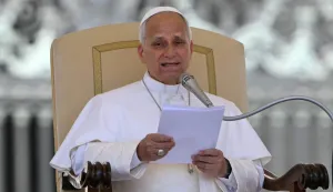 Pope Leo XIV addresses the crowd during the weekly general audience at St Peter's Square in The Vatican on June 17, 2026. (Photo by Andreas SOLARO/AFP)