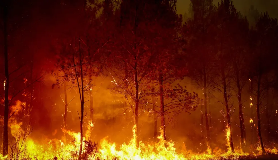 A forest rages in Saint-Jean-d'Illac, some 30km from Bordeaux, on July 26, 2026 as a wildfire has been ravaging the forest north of the Arcachon Basin (Gironde). The 220,000 people evacuated due to the massive wildfire in France's Gironde region will not be able to return home "until the fire has been brought under control", the local prefect said, also ruling out any normal workday on Monday in the affected towns, ahead of a possible worsening of the situation on Tuesday due to an expected rise in temperatures. (Photo by ROMAIN PERROCHEAU/AFP)