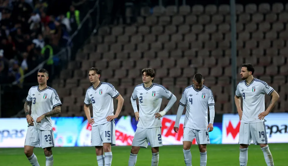31.03.2026., stadion Bilino Polje, Zenica, Bosna i Hercegovina - Finalna utakmica doigravanja za plasman na FIFA Svjetsko prvenstvo 2026. izmedju Bosne i Hercegovine i Italije. Gianluca Mancini, Pio Esposito, Marco Palestra, Leonardo Spinazzola i Federico Gatti Photo: Armin Durgut/PIXSELL
