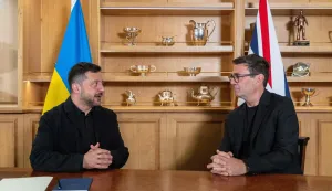 Britain's Prime Minister Andy Burnham (R) and Ukraine's President Volodymyr Zelensky (L) speak at their bilateral meeting during their visit to HM Naval Base in Portsmouth on the south coast of England on July 27, 2026. Ukrainian President Volodymyr Zelensky arrived in Britain on July 27 to meet Prime Minister Andy Burnham, who used his first bilateral with a foreign leader to underline London's "unwavering support" for Kyiv. (Photo by Simon Jones/POOL/AFP)
