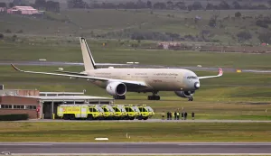 A Qantas A350-1000ULR arrives at Melbourne's Tullamarine Airport on July 24, 2026 after a 19 hour and 13 minutes delivery flight from the Airbus factory in Toulouse, France. The long range plane is the first in Qantas plans to fly non-stop from Sydney to London and later Sydney to New York. (Photo by William WEST/AFP)