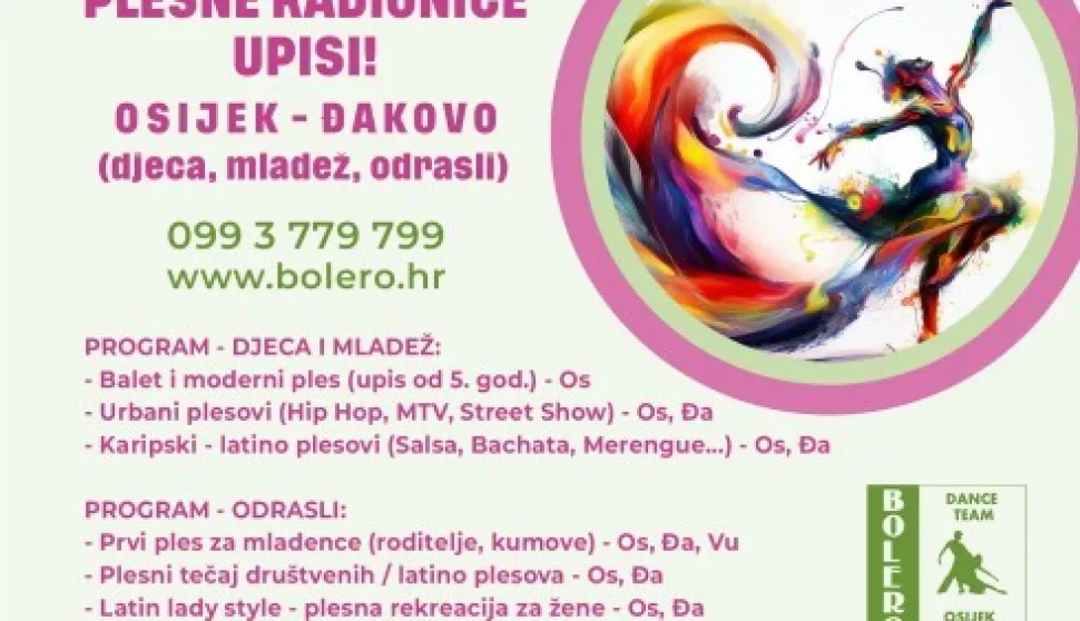 Plesni klub "Bolero" tijekom ljeta provodi upise i ljetne plesne radionice, u projektu "Zaple&scaron;ite s ljetom". Programi su namijenjeni djeci, mladeži i odraslima (uključujući tečajeve za mladence) te nude priliku za aktivno provođenje ljeta uz latino, urbane i dru&scaron;tvene plesove. Rok za prijavu je 10. kolovoza, na telefon 099 3 779 799.
