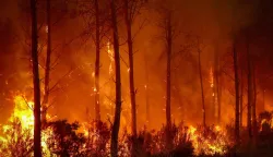 (FILES) A forest fire rages in Saint-Jean-d'Illac, some 30km from Bordeaux, on July 26, 2026 as a wildfire has been ravaging the forest north of the Arcachon Basin (Gironde). France has been battered by three heatwaves since May as part of increasingly common extreme weather episodes linked to climate change, causing thousands of excess deaths and fuelling wildfires. (Photo by ROMAIN PERROCHEAU/AFP)