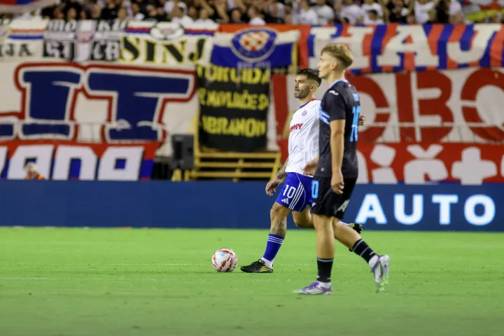 31.08.2025., Split - stadion Poljud - SuperSport HNL, 5. kolo, HNK Hajduk - HNK Rijeka Marko Livaja i Toni Fruk Photo: Sime Zelic/PIXSELL