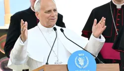 Pope Leo XIV speaks during a visit at the Headquarters of World Food Programme (WFP), in Rome on June 22, 2026. (Photo by Andreas SOLARO/AFP)