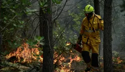 A firefighter surveys the scene amid the smoke as he holds a metal drip torch during a controlled fire operation in a forest in Le Porge, north of the Arcachon Basin, on July 30, 2026, during wildfires in the Gironde region, southwestern France. In France, the Gironde region reported a second calm night and said the massive fire west of France's wine-making capital of Bordeaux remained stable despite a spike in temperatures on July 29 as the fourth heatwave of the summer roasted the area. (Photo by Philippe Lopez/AFP)