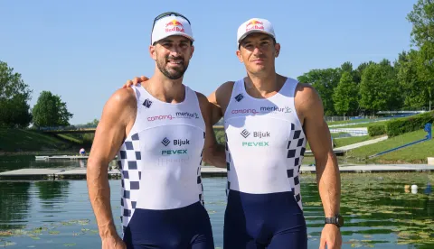 25.05.2026., Zagreb - Na jezeru Jarun odrzano je medijsko druzenje s bracom Sinkovic povodom pocetka nove veslacke sezone i uoci odlaska brace Sinkovic na Svjetski kup u Sevillu. Martin Sinkovic, Valent Sinkovic. Photo: Davor Puklavec/PIXSELL