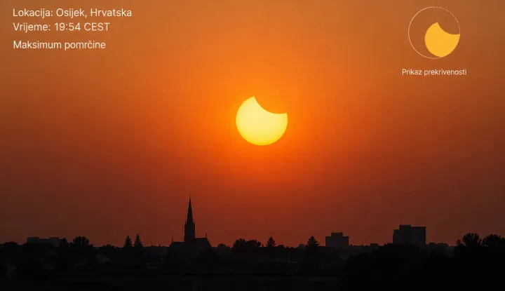 pomrčina sunca u Osijeku, izgledat će ovako 12.8. 2026.