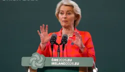 European Commission President Ursula von der Leyen speaks during a press conference at University College Cork (UCC) in Cork, Ireland on July 3, 2026, as Ireland take on the rotating EU presidency for a six-month period. (Photo by Paul Faith/AFP)