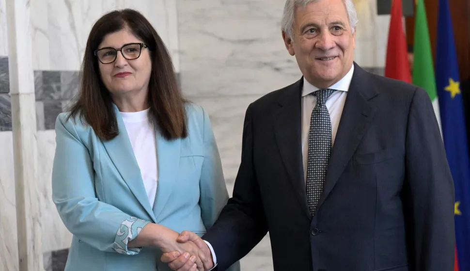 Italy's Foreign Minister Antonio Tajani (R) shakes hands with Palestinian foreign minister Varsen Aghabekian during a meeting of the Global Alliance on the Two-State Solution, at the Italian Foreign Ministry in Rome on July 29, 2026. (Photo by TIZIANA FABI/AFP)