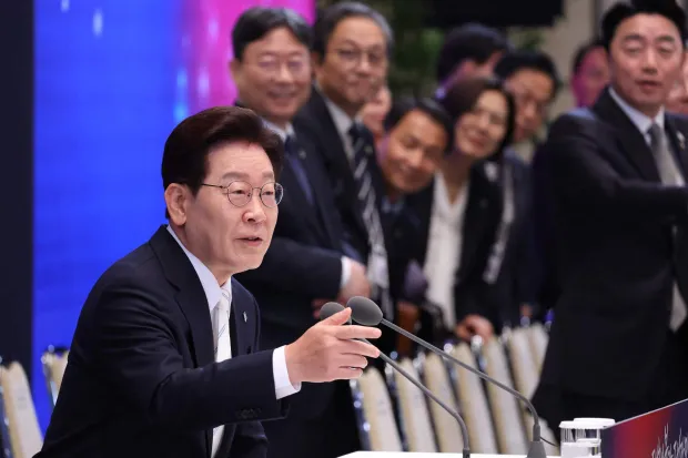 South Korean President Lee Jae Myung attends a press conference to mark the first anniversary of his inauguration at the Blue House in Seoul on June 8, 2026. (Photo by Chung Sung-Jun/POOL/AFP)