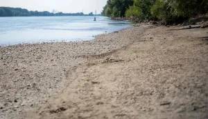 A fisher is seen in the water from the banks of the Danube river near Klosterneuburg on August 4, 2026, as lack of rainfall and high temperatures are currently causing historically low water levels on the Danube. Austria set a new temperature record on August 4, 2026 with 40.8C measured in Vienna, the national weather agency said. (Photo by GEORG HOCHMUTH/APA/AFP)/Austria OUT