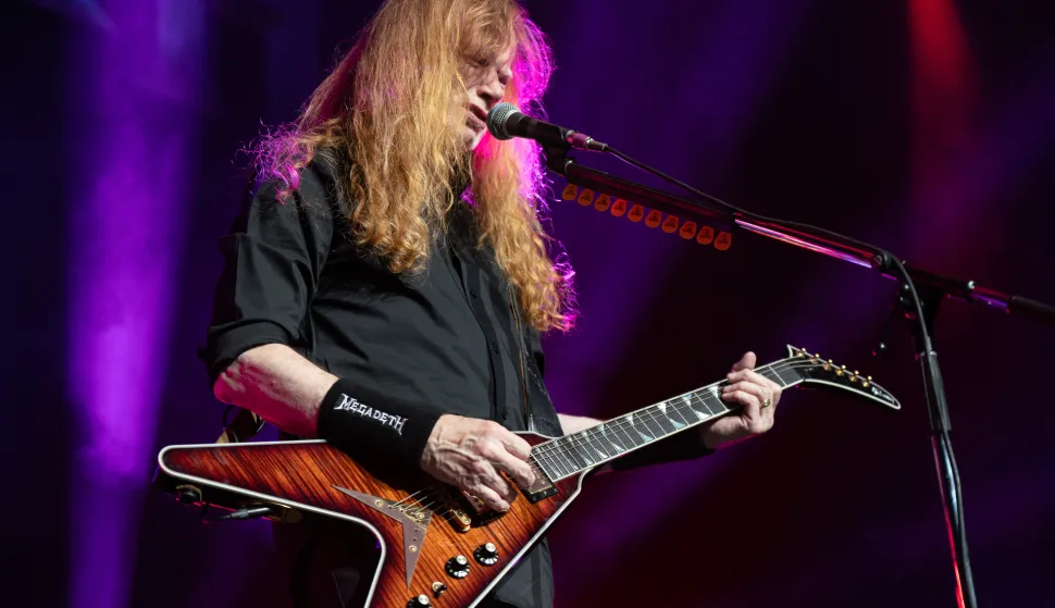 Dave Mustaine of Megadeth seen performing live on stage. Megadeth played London's O2 Arena as Special guests of the Band Disturbed on their 25th Anniversary tour Sick Things. Megadeth consists of Dave Mustaine (vocals, guitars), Teemu M?ntysaari (guitars), James LoMenzo (bass), and Dirk Verbeuren (drums) (Photo by Bonnie Britain/SOPA Images/Sipa USA) Photo: SOPA Images/SIPA USA