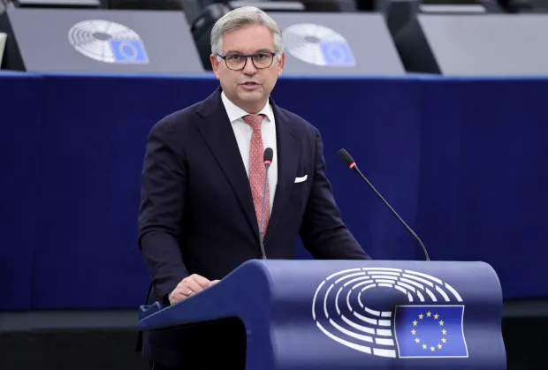 epa12469435 European Commissioner for Internal Affairs and Migration, Magnus Brunner, speaks during a debate titled 'Changing security landscape and the role of police at the heart of the EU's internal security strategy', at the European Parliament in Strasbourg, France, 21 October 2025. EP's current plenary session runs from 20 to 23 October 2025. EPA/RONALD WITTEK