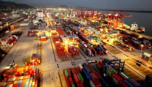 Shipping containers are seen at the cargo port in Lianyungang, eastern China's Jiangsu province on August 7, 2026. (Photo by CN-STR/AFP)/China OUT