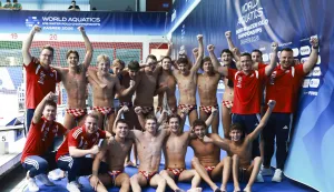 Zagreb, 08.08.2026. - Hrvatska vaterpolo reprezentacija do 16 godina plasirala se u finale Svjetskog prvenstva nakon &scaron;to su u polufinalu svladali Srbiju 12:11. Na fotografiji slavlje hrvatskih vaterpolista. foto HINA/ Lana SLIVAR/ ls