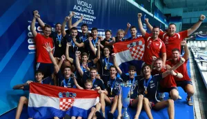 Zagreb, 09.08.2026. - Finalni susret Svjetskog prvenstva za vaterpoliste do 16 godina Hrvatska - ?panjolska. Na fotografiji slavlje hrvatskih vaterpolista. foto HINA/ Lana SLIVAR/ ua