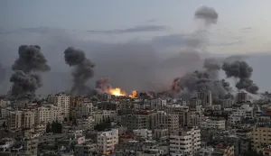 epa12434302 (FILE) - Smoke rises following an Israeli airstrike in Gaza City, 09 October 2023 (reissued 06 October 2025). 07 October 2025 marks two years since the Palestinian militant group Hamas launched a surprise attack on Israel, taking dozens of hostages and killing nearly 1,200 people. In response, Israel began its war on Gaza, which has killed more than 66,000 people, displaced millions and destroyed the Palestinians enclave. EPA/MOHAMMED SABER