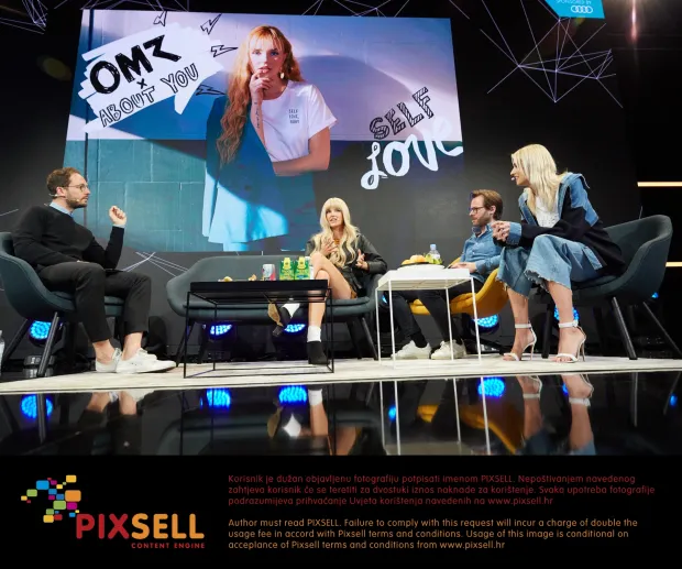 07 May 2019, Hamburg: Friedemann Karig (l-r), Moderator, Bonnie Strange, Influencer, Julian Jansen, Director Content at "About You", and Lena Gercke, Influencer, speak on a stage at the marketing trade fair "Online Marketing Rockstars" (OMR) in the exhibition halls. Photo: Georg Wendt/dpa /DPA/PIXSELL