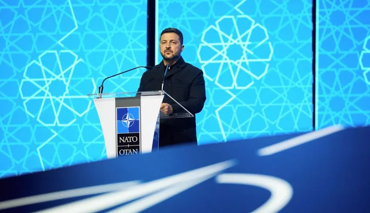 A photo handout by the press service of Ukraine's Presidency on July 7, 2026 shows Ukraine's President Volodymyr Zelensky delivering a keynote speech at the 36th NATO Heads of State and Government Summit in Ankara on July 7, 2026. (Photo by Handout/UKRAINE PRESIDENCY/AFP)/RESTRICTED TO EDITORIAL USE - MANDATORY CREDIT "AFP PHOTO/UKRAINE PRESIDENCY/HANDOUT/" - NO MARKETING NO ADVERTISING CAMPAIGNS - DISTRIBUTED AS A SERVICE TO CLIENTS