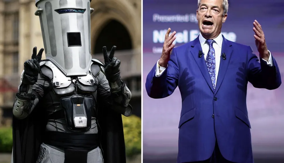 (COMBO) This combination of file photos created on August 10, 2026 shows then-London mayoral candidate Count Binface (L) posing for a photo on College Green beside the Palace of Westminster in London on April 25, 2024; and Reform UK leader Nigel Farage (R) speaking during the inaugural Conservative Political Action Conference Great Britain in south-east London on July 17, 2026. Hard-right UK politician Nigel Farage will be fighting for his parliamentary seat in snap polls on August 13, 2026, going head-to-head with parody candidate Count Binface in a snap election. The by-election was called after Farage, leader of the anti-immigration Reform UK party, resigned last month as MP for Clacton-on-Sea. (Photo by Henry Nicholls/AFP)/TO GO WITH Britain-politics-vote,ADVANCER by Jo Biddle and Theodore Griffin