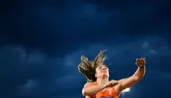 Netherlands' Jorinde van Klinken competes in the women's discus throw final during the European Athletics Championships at Alexander Stadium in Birmingham on August 14, 2026. (Photo by Ben STANSALL/AFP)
