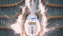 France's swimmer Leon Marchand competes during the final of the men's 200m butterfly swimming event during the LEN European Aquatics Championships at the Olympic Aquatic Centre in Saint-Denis, northern suburbs of Paris, on August 15, 2026. (Photo by S?bastien BOZON/AFP)