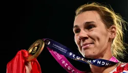 Gold medallist Croatia's Sara Kolak celebrates after winning the women's javelin throw final during the European Athletics Championships at Alexander Stadium in Birmingham on August 16, 2026. (Photo by Ben STANSALL/AFP)