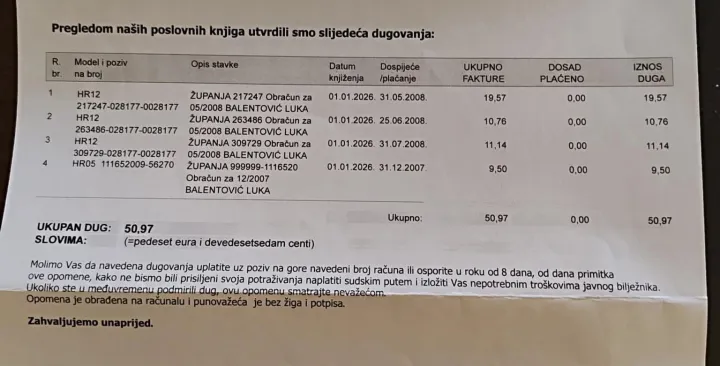 Opomena za plaćanje dugaustupljeno