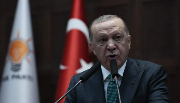 Turkish President and the leader of the Justice and Development Party (AKP) Recep Tayyip Erdogan gives a speech during his party's parliamentary group meeting at the Turkish Grand National Assembly in Ankara on February 11, 2025. (Photo by Adem ALTAN/AFP)