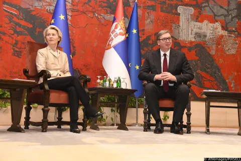 15, October, 2025, Belgrade - The President of the Republic of Serbia Aleksandar Vucic hosted the President of the European Commission Ursula von der Leyen, who is on an official visit to Serbia. Photo: L.L./ATAImages 15, oktobar 2025, Beograd - Predsednik Republike Srbije Aleksandar Vucic ugosto je predsednicu Evropske komisije Ursulu fon der Lajen, koja boravi u zvanicnoj poseti Srbiji. Photo: L.L./ATAImages Photo: ATAImages/PIXSELL