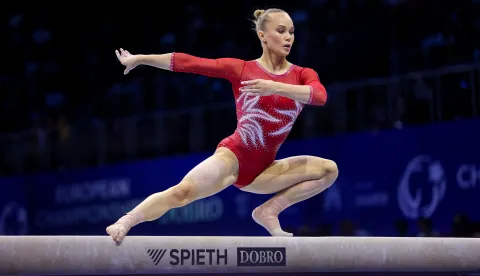 16.08.2026., Arena Zagreb, Zagreb - 36. Europsko prvenstvo u zenskoj sportskoj gimnastici u Areni Zagreb. Ekipno finale za seniorke, nastup na gredi, Angelina Melnikova, Wg2. Photo: Igor Kralj/PIXSELL
