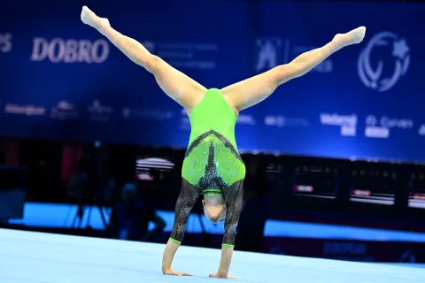 ZAGREB; CROATIA - AUGUST 15: Angelina Melnikova of Russia in action during the Women's Senior Floor Exercise Final on the 2026 European Championships in Women's Artistic Gymnastics in Arena Zagreb on August 15, 2026 in Zagreb, Croatia. (Photo by Igor Kupljenik/Sports Press Photo). (Photo by Igor Kupljenik/SPP/Sipa USA) Photo: Sports Press Photo/SIPA USA