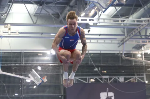Osijek, 13. 04. 2025., Dvorana Gradski vrt, DOBRO World Cup, DOBRO World Cup 2025, finale, finale nedjelja, preskok, Aurel BenovićSNIMIO BRUNO JOBST